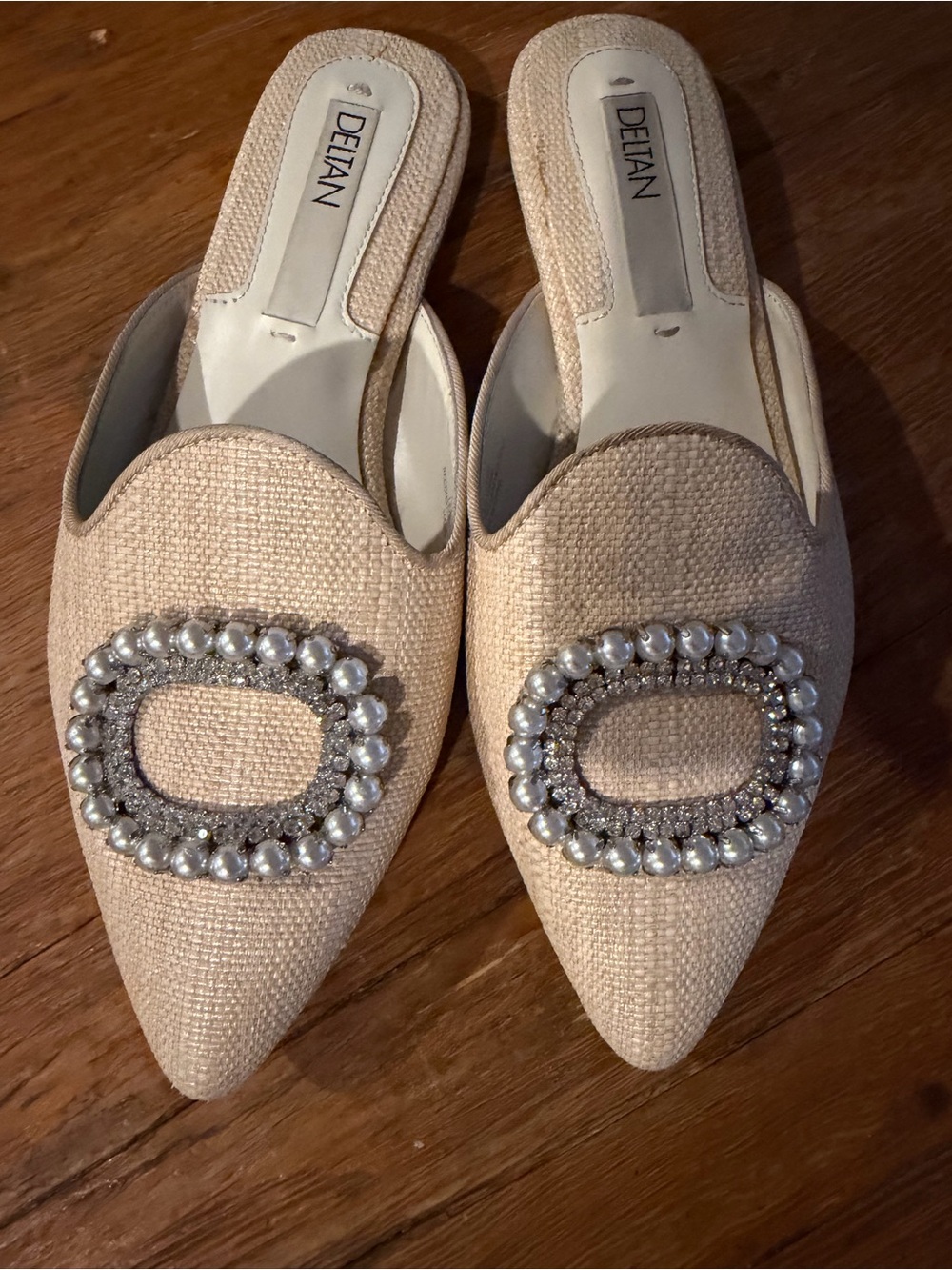 Delman Pearl & Crystal Embellished Beige Pointed-Toe Mules